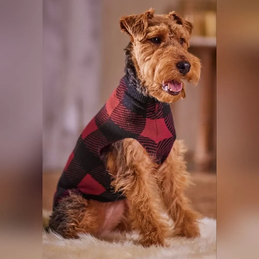 Plaid Dog Sweater - Red and Black Size XS